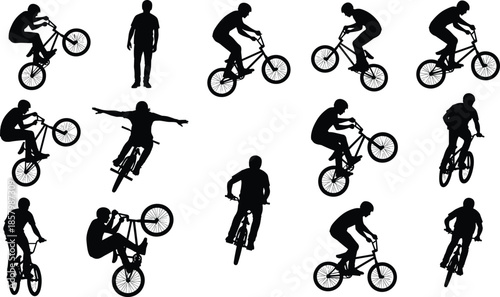  Large collection of black silhouettes of BMX riders performing various stunts, mid-air jumps, and freestyle tricks on bicycles isolated on white,