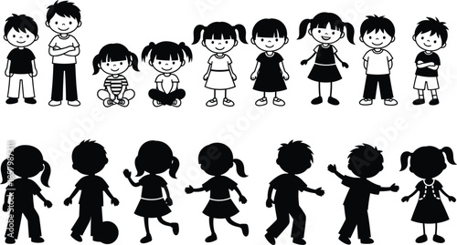  Large collection of cute cartoon children and black silhouettes of boys and girls in various poses isolated on white,