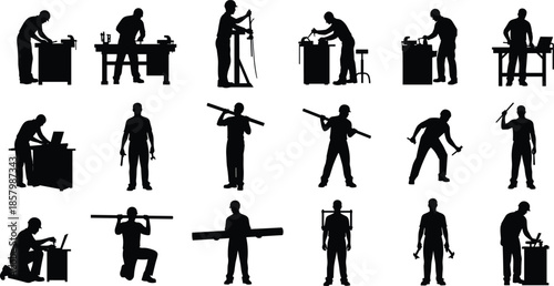  Silhouette construction workers using tools and equipment performing industrial tasks, carpenter handyman mechanic labor poses for building, repair, maintenance, workshop vector illustration
