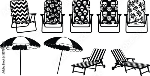  Summer beach chairs and umbrellas collection with patterned folding seats, striped loungers and sun shades for vacation, outdoor relaxation, holiday resort vector illustration
