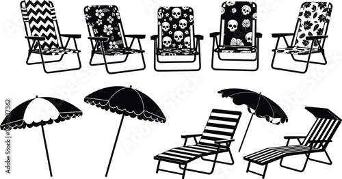  Summer beach chairs and umbrellas collection with patterned folding seats, striped loungers and sunshade designs for vacation relaxation, outdoor holiday resort vector illustration