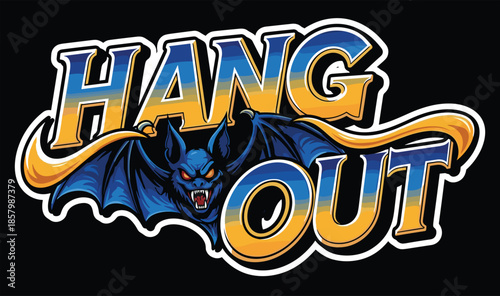 Vibrant cartoon illustration featuring a blue bat with red eyes and the text Hang Out for apparel and sticker design,