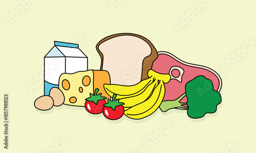Vector illustration of various healthy food items including milk, eggs, cheese, bread, meat, bananas, tomatoes, and broccoli for a balanced diet