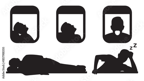 People sleeping and resting in various positions with a minimalist calm black and white silhouette vector illustration for travel comfort and relaxation guides.