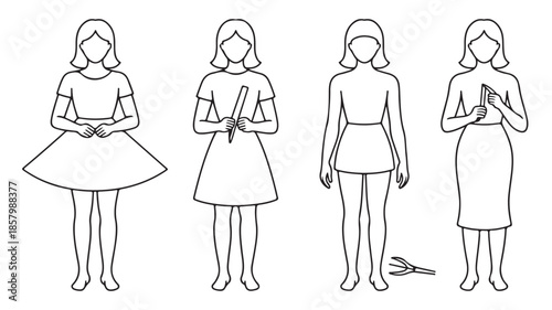 Four female figures minimalist outline black and white vector illustration for fashion design guide.