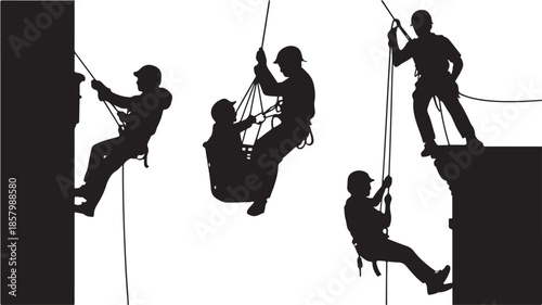 Rock climbing and rappelling people in dynamic adventure graphic silhouette with high contrast black and white vector illustration for outdoor activity promotion.