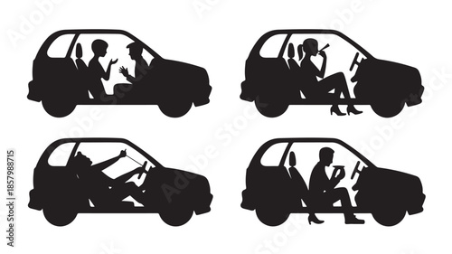 Car Passenger Silhouettes Vector Illustration with Minimalist Graphic Style in Black and White Flat Design for Transportation Infographics.