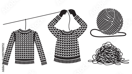 Knitting process with handmade sweater and yarn ball in a clean black and white graphic illustration for craft and hobby promotion.