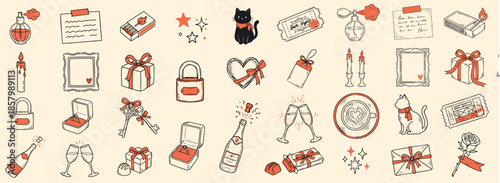 Hand drawn valentines day sticker sheet with red and black romantic icons, gifts, champagne, envelopes, cat, flat vector layout arrangement