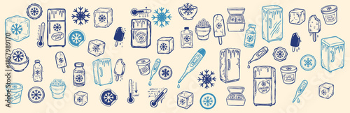 Hand drawn doodle pattern of frozen treats and cold icons in blue and teal tones on horizontal seamless winter banner