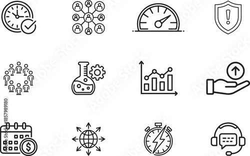 Business Performance and Productivity Line Icon Set with Analytics Security and Management Symbols