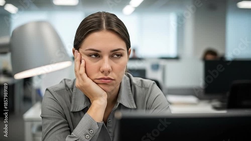 Bored Young Woman in Office Environment Tired of Work Tasks at Computer