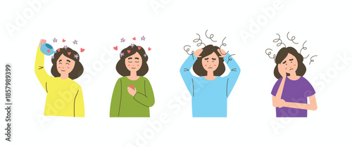 Mental health vector set showing the contrast between stress, anxiety, and depression versus self-care, healing, and positive growth in a flat illustration style