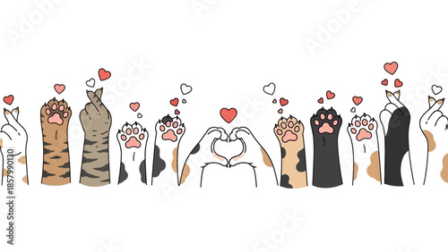 Cute Cat Paws Heart Gesture Illustration - Kawaii Kitten Hands with Love Hearts