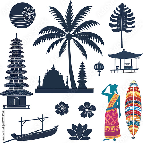 Collection of Indonesian cultural symbols and elements in dark blue silhouette Bali temple