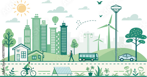 Green city landscape with solar panels wind turbines and people commuting by bike bus and car urban eco friendly