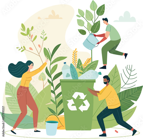 People recycling plastic bottles and watering plants in a garden setting eco friendly sustainability