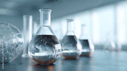 Scientific laboratory glassware with clear liquid for experimental research