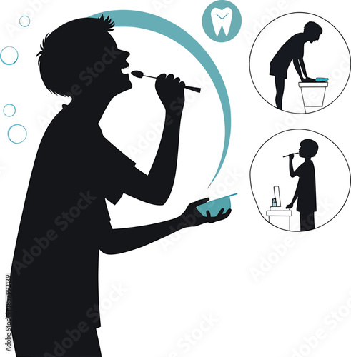 Silhouette of a boy brushing teeth with bubbles and dental icons toothbrush toothpaste