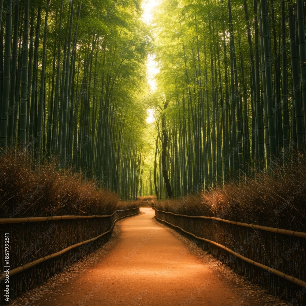 Fototapeta premium Sunlit Path Through Lush Green Bamboo Forest