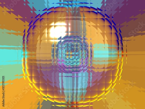 A colorful, abstract image of a sphere with a sun shining on it