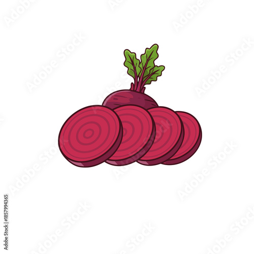 A sliced beetroot illustration with deep red rings and simple clean lines, designed in a minimal flat style that highlights the natural vegetable texture.