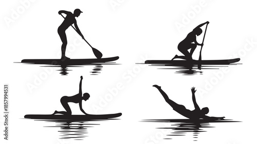 Stand-up Paddleboarding Silhouettes with Dynamic Poses in Black and White Graphic Illustration for Water Sports Promotion.