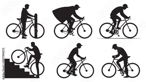 Cyclists riding bicycles in various poses, dynamic and active, in black and white graphic vector illustration for sports and outdoor activity design.