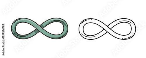 Hand-drawn infinity symbols in comic style one colored in muted teal and one in black and white outline representing mathematical loops on a clean white background