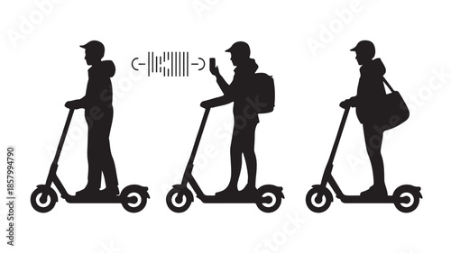 Silhouettes of people riding electric scooters in a modern urban lifestyle monochrome black and white clean vector graphic for transportation, delivery, and app-based services.