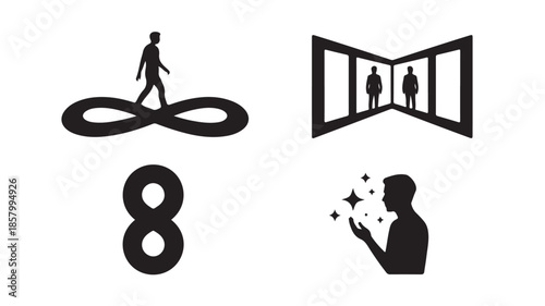 Infinity symbols and self-reflection icons with minimalist conceptual style in black and white vector graphics for business and spiritual growth.