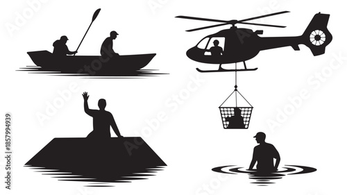 Water Rescue Scenarios with Urgent Mood in Stark Black Silhouettes as Vector Illustrations for Emergency Preparedness Guides.