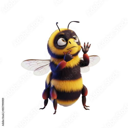 Animated bee character with a thoughtful expression and raised hand gesture.