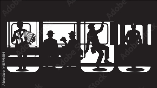 Urban Silhouettes of People on a Train with Musical Mood in Stark Black and White Graphic Illustration for Transportation and City Life Visuals