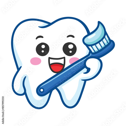 Happy Tooth Character Brushing Teeth with Toothbrush