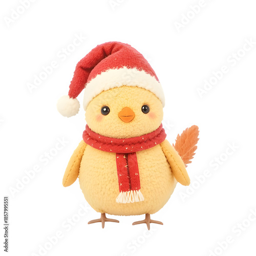 adorable chick character wearing a santa hat and scarf, illustrated in a cute style and isolated on a pure white background, perfect for christmas and winter themed designs.