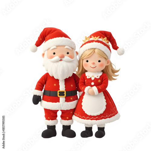 cute christmas doll illustration featuring santa claus and a smiling girl wearing festive outfits, standing together and isolated on a clean white background for holiday decoration use.