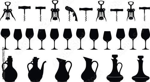 Wine accessories and glassware silhouettes vector set, corkscrews, wine glasses, decanters, and pitchers isolated on white background, bar and restaurant design collection