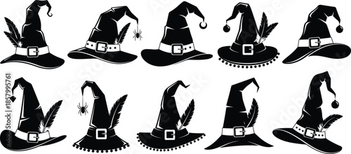Witch hat silhouettes collection isolated on white background, Halloween magic accessories with feathers and spider details, black vector illustration set