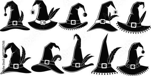 Witch hat silhouettes collection isolated on white background, Halloween magic headwear with feathers and spider details, spooky fantasy black vector illustration set