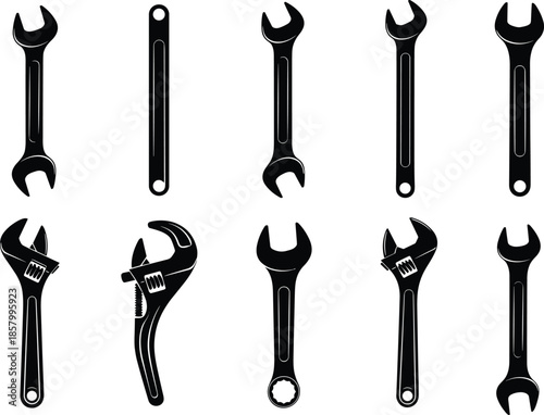 Wrench and spanner tools silhouette vector set, adjustable and open end hand tools illustrations isolated on white background for repair design