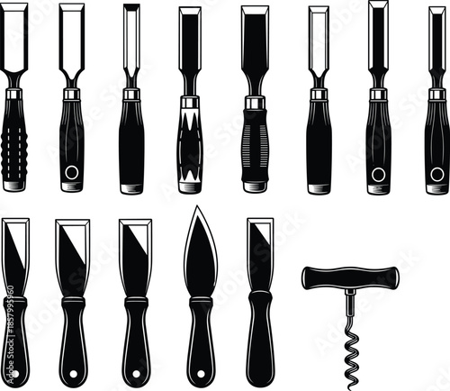 Woodworking chisel silhouettes vector set, carpentry hand tools collection including flat bevel gouge blades, craft equipment isolated illustration