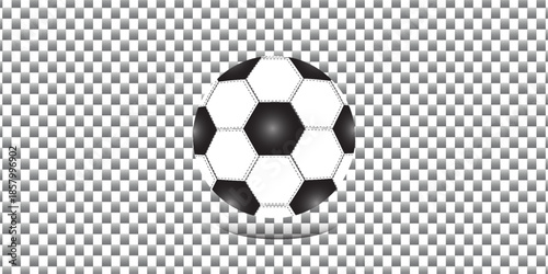 Vector realistic 3d white and black classic football soccer ball icon closeup isolated on transparency grid background. Design template for graphics, mockup. Top view