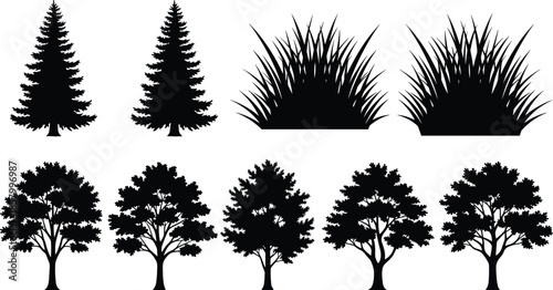 Tree and grass silhouettes collection isolated on white background, evergreen conifer and deciduous trees with bushes, black nature vector illustration set