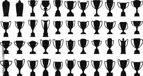 Trophy and award cup silhouette collection, championship prize icons for sports achievements, black winner trophies vector illustration set isolated