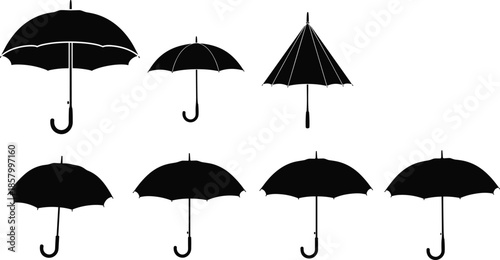 Umbrella silhouette collection, classic rain umbrellas in open views with curved handles, simple black weather protection vector illustration set