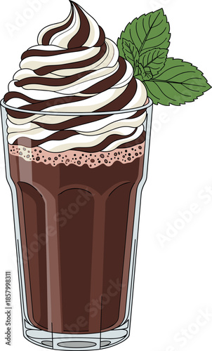 Rich chocolate or mocha frappe vector illustration in a clear glass, heavily topped with striped chocolate and vanilla whipped cream, garnished with fresh mint leaves.