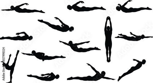 Swimmer silhouette poses collection, swimming vector illustration set, athletic freestyle diving positions, fitness and sport motion icons, black minimal design
