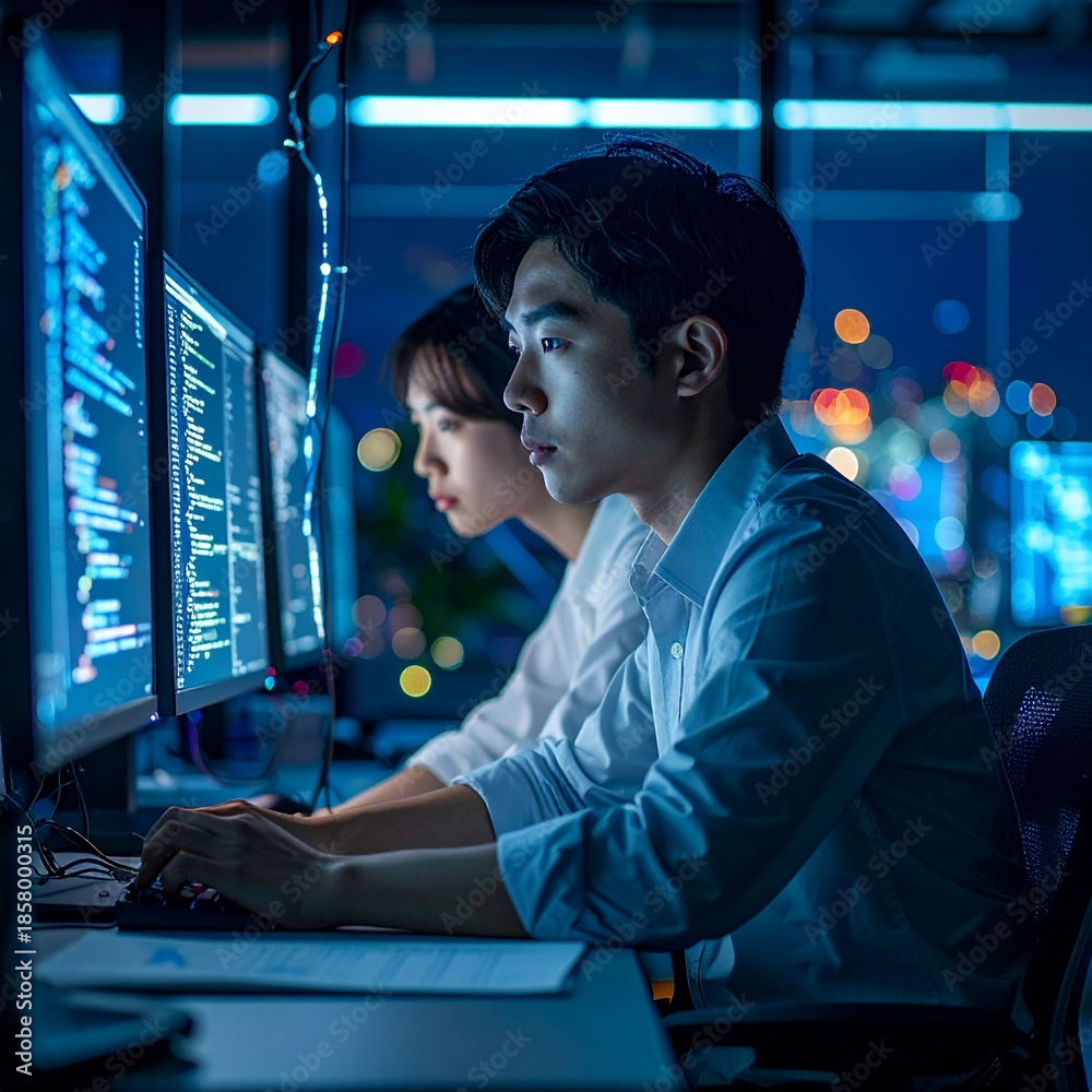 Fototapeta premium Focused young Asian man and woman working on computers in a dark office, surrounded by glowing screens displaying code and data.
