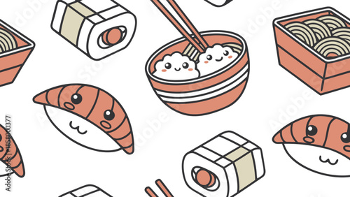 Cute Kawaii Sushi Illustration Set with Rice Bowl and Chopsticks